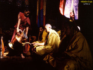 Novic nalévá meditujícímu mnichodvi čaj